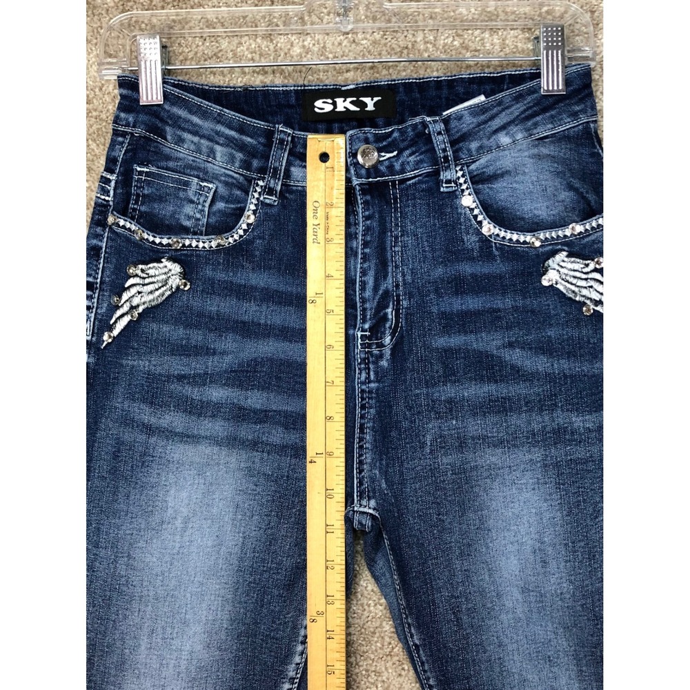 SKY Embellished Hi Rise Bootcut Flare Jeans Women 9 Dark Wash Stretch Y2K Denim - Picture 8 of 11